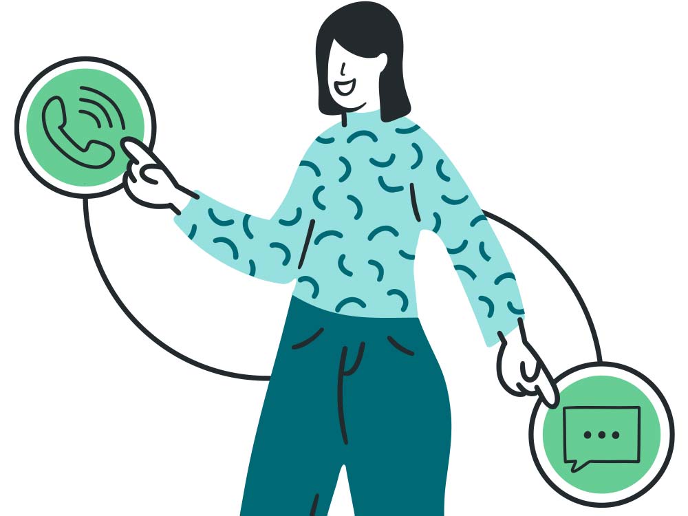 Illustration of a woman with telephone and communication icons.
