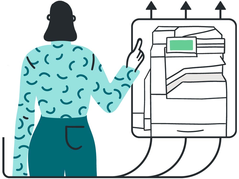 Illustration of a woman using a printer and arrows depicting printer uptime.