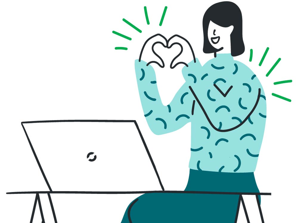 Illustration of a Computer Corner team member making a heart shape with her hands.