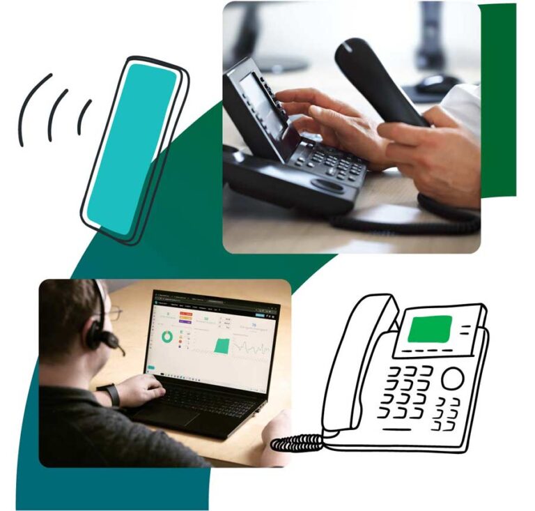 Image collage showing cell phone and VoIP services for businesses.
